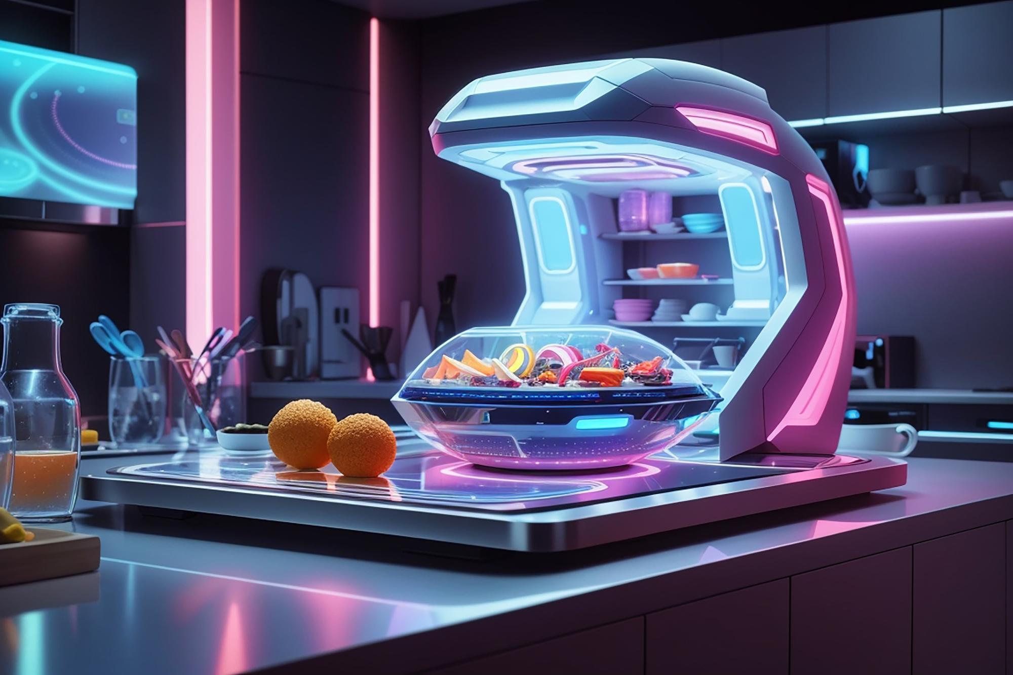 Kitchen workspace with futuristic tools and plated dish